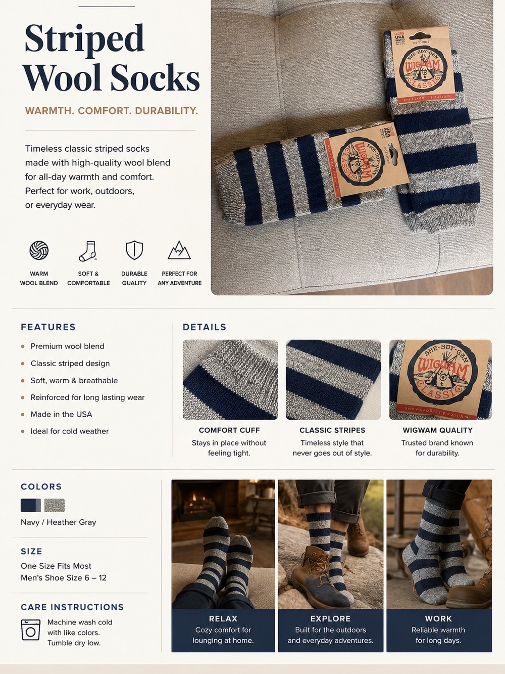 Navy & Heather Gray Striped Wool Socks - Men